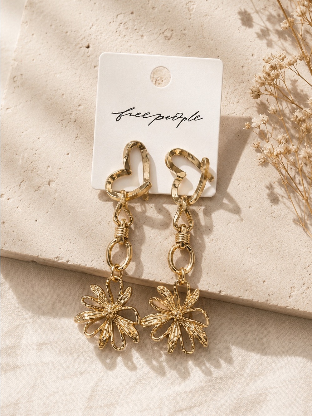 NWT | Free People Gold Floral Heart Drop Earrings